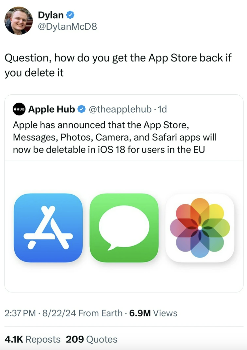 screenshot - Dylan Question, how do you get the App Store back if you delete it Apple Hub Apple has announced that the App Store, Messages, Photos, Camera, and Safari apps will now be deletable in iOS 18 for users in the Eu A 82224 From Earth 6.9M Views R